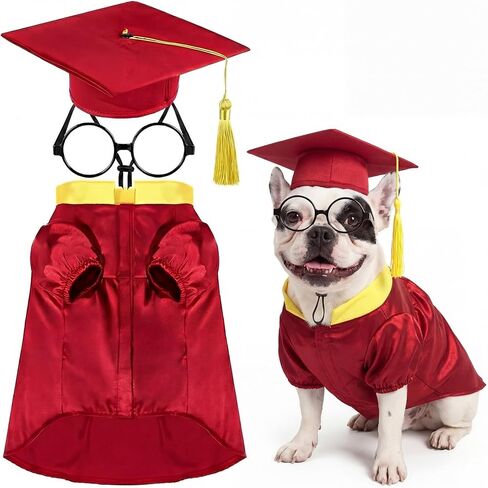 Huhumy 3 Pcs Dog Graduation Costume Set Include Pet Graduation Gown Adjustable Puppy Grad Cap with Gold Tassel Lensless Glasses for Dogs Cats Holiday Costume Accessory(Red,XL) in Saudi Arabia