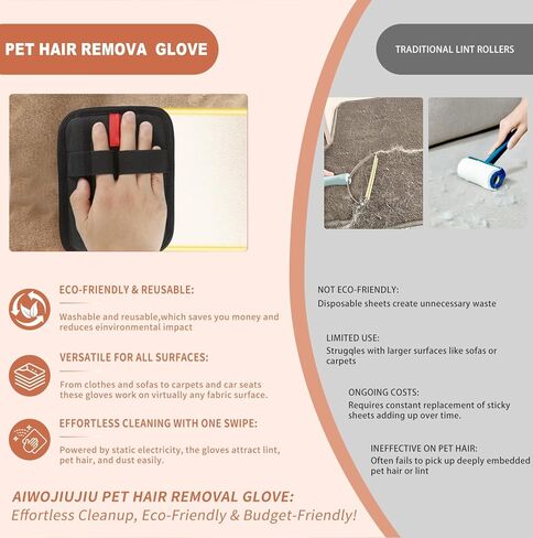 2 Pcs Pet Hair Removal Glove - Upgraded Electrostatic Pet Hair Remover Gloves for Cats & Dogs, Reusable & Washable Magic Brush Pet Hair Removal Tool (Black, L) in Kuwait