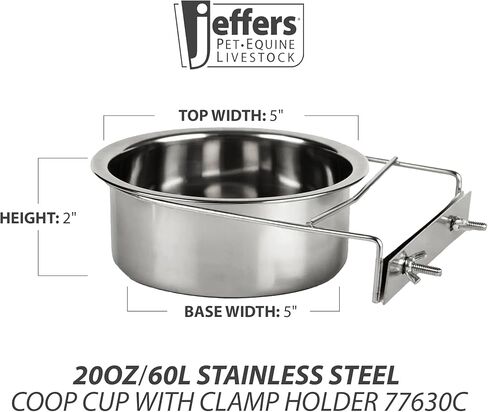 Jeffers Pet Stainless Steel Coop Kennel Cup with Screw On Clamp, 20 Oz – Durable, Rust Resistant Hangable Water & Food Feeder for Kennels, Coops & Cages - Chickens, Duck, Rabbits, Small Animals in Kuwait