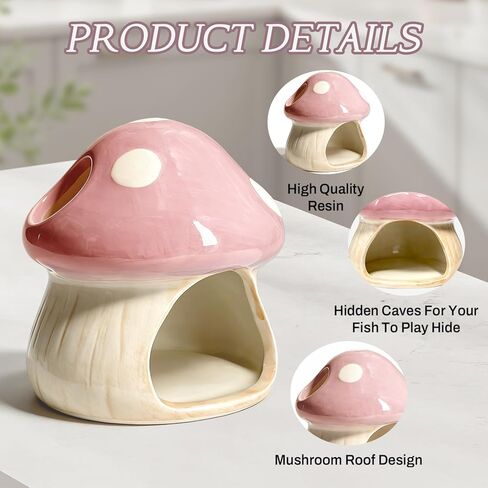 Betta Fish Tank Accessories, Ceramic Mushroom House Aquarium Decor - Cute Pink Hideout Cave Ornament for Small Fish, Shrimp, Goldfish, Hamsters & Reptiles (Pink) in Kuwait