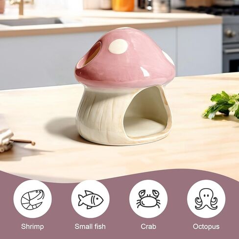 Betta Fish Tank Accessories, Ceramic Mushroom House Aquarium Decor - Cute Pink Hideout Cave Ornament for Small Fish, Shrimp, Goldfish, Hamsters & Reptiles (Pink) in Kuwait