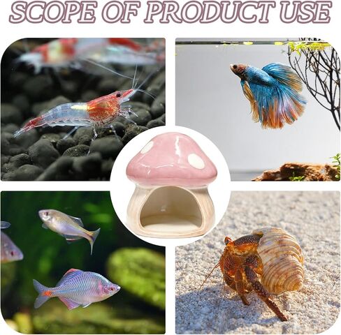 Betta Fish Tank Accessories, Ceramic Mushroom House Aquarium Decor - Cute Pink Hideout Cave Ornament for Small Fish, Shrimp, Goldfish, Hamsters & Reptiles (Pink) in Kuwait