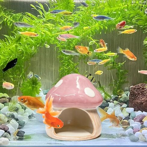 Betta Fish Tank Accessories, Ceramic Mushroom House Aquarium Decor - Cute Pink Hideout Cave Ornament for Small Fish, Shrimp, Goldfish, Hamsters & Reptiles (Pink) in Kuwait