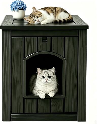 KAMABOKO Outdoor Cat House Weatherproof - Premium Resin Cat Shelter for Outdoor/Indoor Cats, Spacious Feral Cat House with Easy Assembly, Stylish Design for Garden, Patio & Backyard，Black in Kuwait