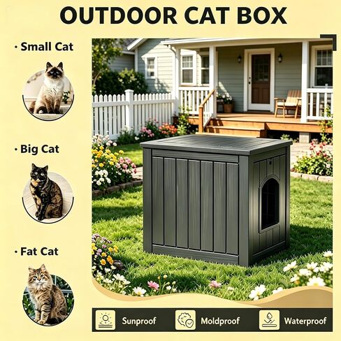 KAMABOKO Outdoor Cat House Weatherproof - Premium Resin Cat Shelter for Outdoor/Indoor Cats, Spacious Feral Cat House with Easy Assembly, Stylish Design for Garden, Patio & Backyard，Black in Kuwait