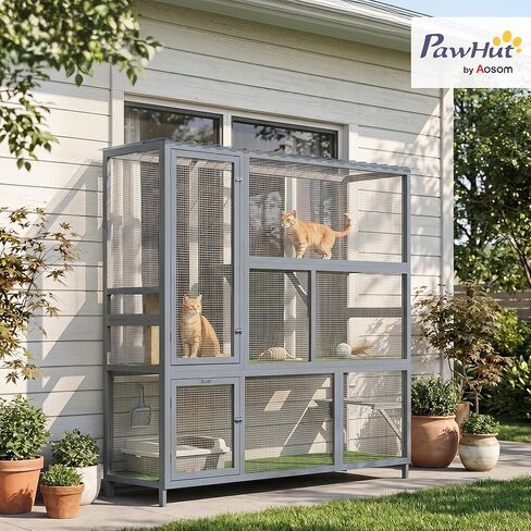 PawHut Catio Outdoor Cat Enclosure, 77" H Wooden Cat House with Weatherproof Roof, Platforms and Scratching Post, Large Catio for 2-3 Indoor Outdoor Kittens, 74" x 23" x 77", Light Gray in Kuwait