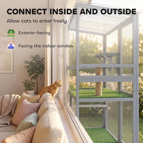 PawHut Catio Outdoor Cat Enclosure, 77" H Wooden Cat House with Weatherproof Roof, Platforms and Scratching Post, Large Catio for 2-3 Indoor Outdoor Kittens, 74" x 23" x 77", Light Gray in Kuwait