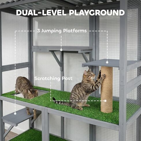 PawHut Catio Outdoor Cat Enclosure, 77" H Wooden Cat House with Weatherproof Roof, Platforms and Scratching Post, Large Catio for 2-3 Indoor Outdoor Kittens, 74" x 23" x 77", Light Gray in Kuwait