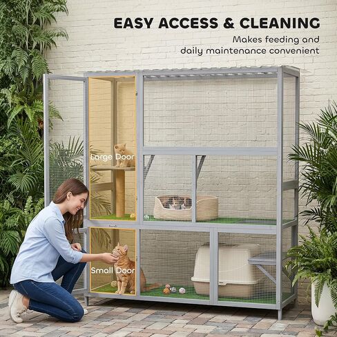 PawHut Catio Outdoor Cat Enclosure, 77" H Wooden Cat House with Weatherproof Roof, Platforms and Scratching Post, Large Catio for 2-3 Indoor Outdoor Kittens, 74" x 23" x 77", Light Gray in Kuwait