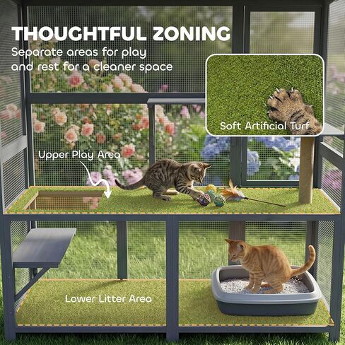 PawHut Catio Outdoor Cat Enclosure, 77" H Wooden Cat House with Weatherproof Roof, Platforms and Scratching Post, Large Catio for 2-3 Indoor Outdoor Kittens, 74" x 23" x 77", Light Gray in Kuwait