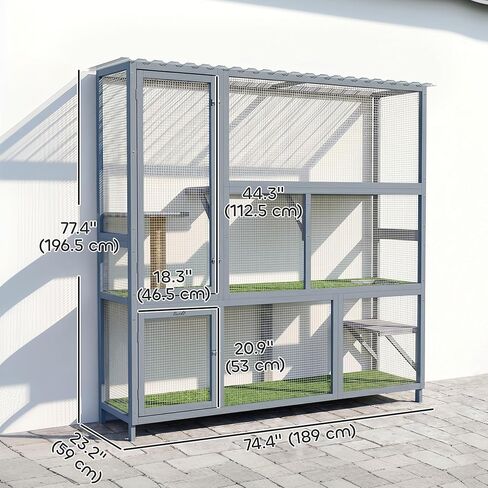 PawHut Catio Outdoor Cat Enclosure, 77" H Wooden Cat House with Weatherproof Roof, Platforms and Scratching Post, Large Catio for 2-3 Indoor Outdoor Kittens, 74" x 23" x 77", Light Gray in Kuwait