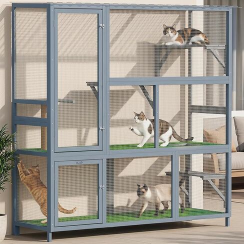 PawHut Catio Outdoor Cat Enclosure, 77" H Wooden Cat House with Weatherproof Roof, Platforms and Scratching Post, Large Catio for 2-3 Indoor Outdoor Kittens, 74" x 23" x 77", Light Gray in Kuwait