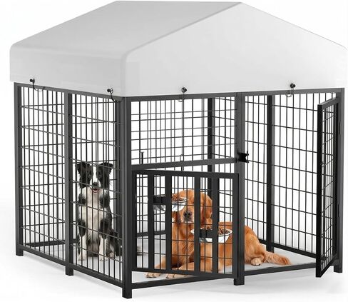 Outdoor Dog Kennel with Rotating Feeding Door, Stainless Bowls and Upgraded Polyester Roof 4 X 4 X 4.25-FT in Kuwait