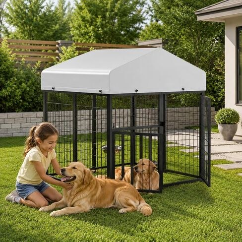 Outdoor Dog Kennel with Rotating Feeding Door, Stainless Bowls and Upgraded Polyester Roof 4 X 4 X 4.25-FT in Saudi Arabia