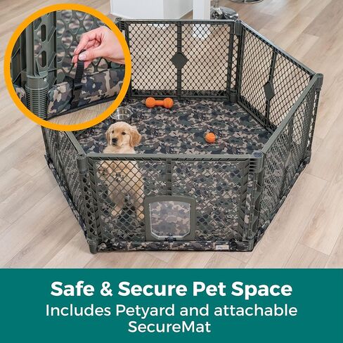 MyPet Petyard Protect Bundle: Freestanding 6-Panel Hunter Green Yard with Lockable Pet Door and Camo SecureMat for Pets, Indoor/Outdoor Portable Dog Pen in Saudi Arabia