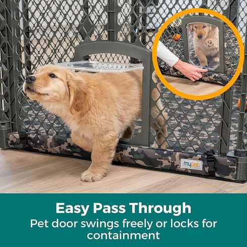 MyPet Petyard Protect Bundle: Freestanding 6-Panel Hunter Green Yard with Lockable Pet Door and Camo SecureMat for Pets, Indoor/Outdoor Portable Dog Pen in Saudi Arabia