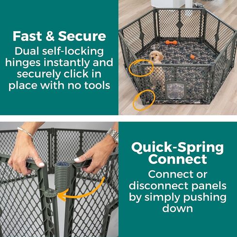 MyPet Petyard Protect Bundle: Freestanding 6-Panel Hunter Green Yard with Lockable Pet Door and Camo SecureMat for Pets, Indoor/Outdoor Portable Dog Pen in Saudi Arabia