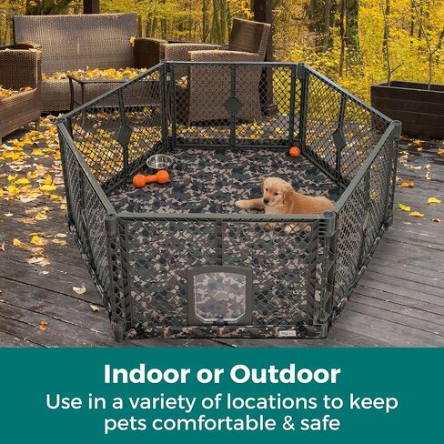 MyPet Petyard Protect Bundle: Freestanding 6-Panel Hunter Green Yard with Lockable Pet Door and Camo SecureMat for Pets, Indoor/Outdoor Portable Dog Pen in Saudi Arabia