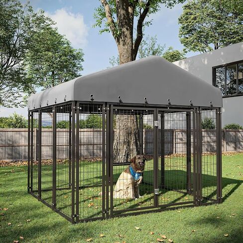 بيت الكلب 10x10FT خارج الباب المزدوج بيت الكلب الكبير في الهواء الطلق مع التغذية، قفص الكلب في الهواء الطلق الثقيلة قفص الكلب دائم مع سقف وقفل مزدوج in Kuwait