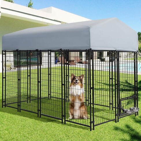Grepatio 8x4x5.7 FT بيت الكلب في الهواء الطلق مع سقف، قفص الكلب الثقيلة للكلاب الكبيرة، العلبة الخارجية للكلاب مع 2 أطباق الكلاب الدوارة، سلك ملحوم من الصلب بيت الكلب تشغيل سياج روضة مع قفل آمن in Kuwait