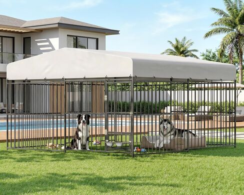 Grepatio 8x4x5.7 FT بيت الكلب في الهواء الطلق مع سقف، قفص الكلب الثقيلة للكلاب الكبيرة، العلبة الخارجية للكلاب مع 2 أطباق الكلاب الدوارة، سلك ملحوم من الصلب بيت الكلب تشغيل سياج روضة مع قفل آمن in Kuwait