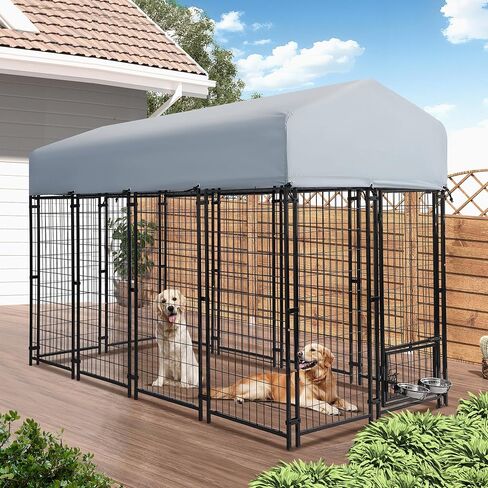 Grepatio 8x4x5.7 FT بيت الكلب في الهواء الطلق مع سقف، قفص الكلب الثقيلة للكلاب الكبيرة، العلبة الخارجية للكلاب مع 2 أطباق الكلاب الدوارة، سلك ملحوم من الصلب بيت الكلب تشغيل سياج روضة مع قفل آمن in Kuwait