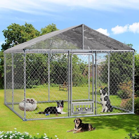10x10FT Heavy Duty Outdoor Dog Kennel for Large Dogs - Galvanized Steel Cage Enclosure with Upgraded Full-Coverage Waterproof Roof & 2 Rotating Feeder Bowls (10 FT) in Kuwait