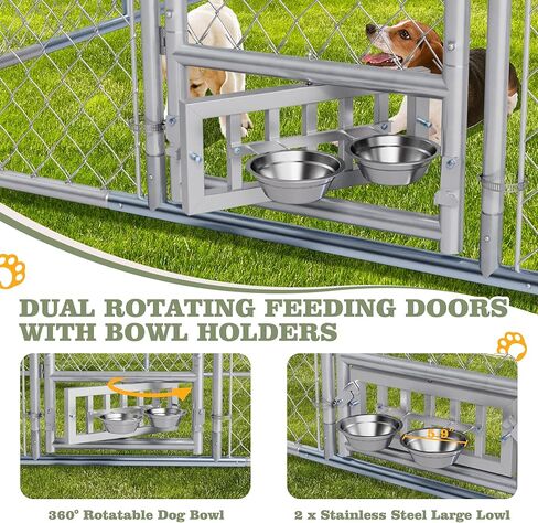 10x10FT Heavy Duty Outdoor Dog Kennel for Large Dogs - Galvanized Steel Cage Enclosure with Upgraded Full-Coverage Waterproof Roof & 2 Rotating Feeder Bowls (10 FT) in Kuwait