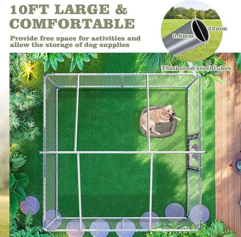 10x10FT Heavy Duty Outdoor Dog Kennel for Large Dogs - Galvanized Steel Cage Enclosure with Upgraded Full-Coverage Waterproof Roof & 2 Rotating Feeder Bowls (10 FT) in Kuwait