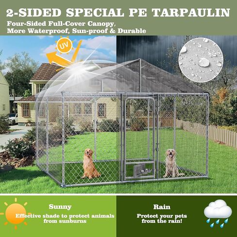 10x10FT Heavy Duty Outdoor Dog Kennel for Large Dogs - Galvanized Steel Cage Enclosure with Upgraded Full-Coverage Waterproof Roof & 2 Rotating Feeder Bowls (10 FT) in Kuwait