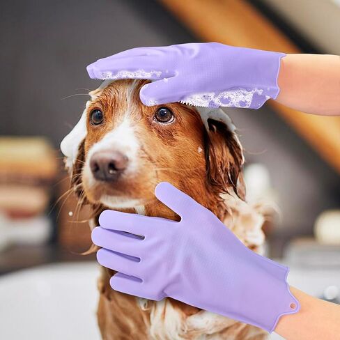 Pet Grooming Gloves Heat Resistant Silicone Gloves with High-Density Teeth, Enhanced Five Finger Design for Bathing Dogs and Cats - Purple in Saudi Arabia