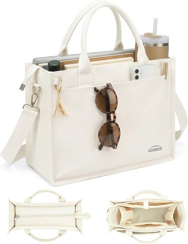 Aosbos Large Canvas Tote Bag for Women With Zipper,Laptop Compartments-Large Everyday Purse With Water Bottle Pocket For Work in Saudi Arabia