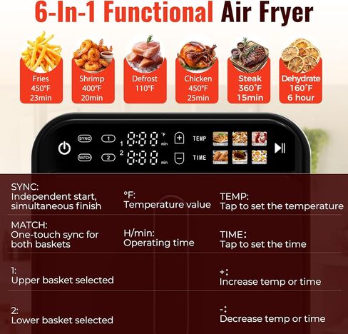 【Upgrade】Air Fryer, Dual Basket Air Fryers, 11.6QT Double Air Fryer with 2 Stacked Racks, Large Family Size, Touchscreen Controls, 6-in-1 Presets, Roast, Sync & Match Functions, Dishwasher-Safe Parts in Kuwait