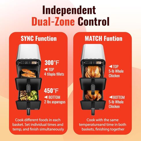 【Upgrade】Air Fryer, Dual Basket Air Fryers, 11.6QT Double Air Fryer with 2 Stacked Racks, Large Family Size, Touchscreen Controls, 6-in-1 Presets, Roast, Sync & Match Functions, Dishwasher-Safe Parts in Kuwait
