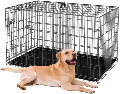 36-Inch Folding Metal Dog Crate for Medium and Small Breeds – Double-Door Kennel with Divider, Removable Tray, and Carry Handle – Ideal for Indoor and Outdoor Use (Black, 36" L x 22" W x 25" H) in Kuwait