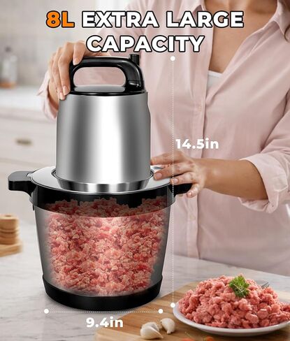 8L Meat Grinder for Home use, 1200W Large Food Processor，26-Cup Meat Grinder Electric with 2 Speed Modes & 4 Bi-Level Blades，Vegetable Chopper Electric for Onion, Meat, Nuts, Fruit, Meal Prep in Kuwait