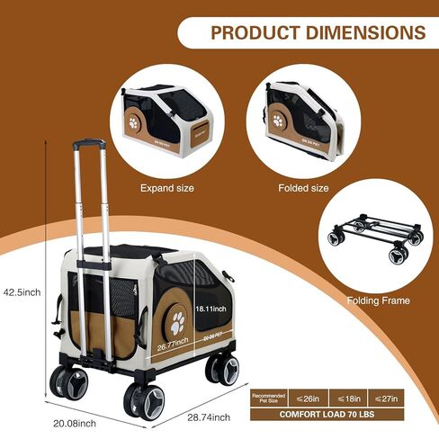 3-1 Dog Stroller for Medium Dogs,Collapsible Soft Dog Travel Crate with Metal Frame for Car Travel,Pet Stroller with Removable Carrier for Pets Up to70LBS(Brown) in Kuwait