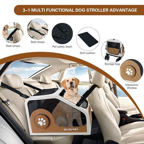 3-1 Dog Stroller for Medium Dogs,Collapsible Soft Dog Travel Crate with Metal Frame for Car Travel,Pet Stroller with Removable Carrier for Pets Up to70LBS(Brown) in Kuwait
