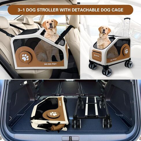 3-1 Dog Stroller for Medium Dogs,Collapsible Soft Dog Travel Crate with Metal Frame for Car Travel,Pet Stroller with Removable Carrier for Pets Up to70LBS(Brown) in Kuwait