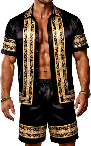 Men Hawaiian Shirt Sets Satin Silk Casual Button Down Shirts 2 Piece Luxury Summer Beach Outfits in Saudi Arabia