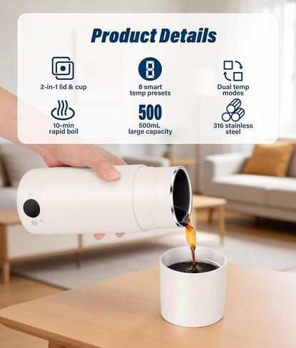Portable Electric Kettle for Travel, 316 Stainless Steel Kettle, Hot Water Boiler with 2-In-1 Lid & Cup, 500ML Travel Tea Kettle with 8 Temperature Control, Auto Shut-Off & Boil Dry Protection (White) in Kuwait