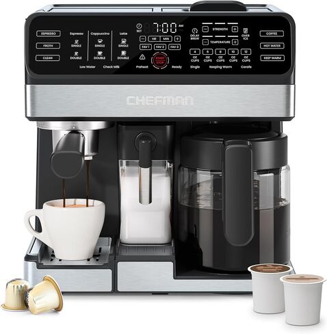 Chefman Coffee Maker Espresso Machine Combo, OmniBrew 8-in-1 Coffee Station with Automatic Milk Frother for Lattes, Cappuccinos, Macchiatos, 12-Cup Carafe and 3L Removable Water Tank - Black in Kuwait