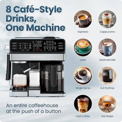 Chefman Coffee Maker Espresso Machine Combo, OmniBrew 8-in-1 Coffee Station with Automatic Milk Frother for Lattes, Cappuccinos, Macchiatos, 12-Cup Carafe and 3L Removable Water Tank - Black in Kuwait