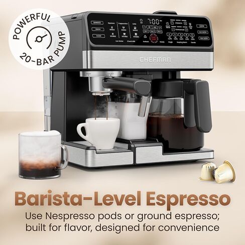 Chefman Coffee Maker Espresso Machine Combo, OmniBrew 8-in-1 Coffee Station with Automatic Milk Frother for Lattes, Cappuccinos, Macchiatos, 12-Cup Carafe and 3L Removable Water Tank - Black in Kuwait