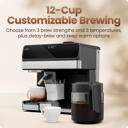 Chefman Coffee Maker Espresso Machine Combo, OmniBrew 8-in-1 Coffee Station with Automatic Milk Frother for Lattes, Cappuccinos, Macchiatos, 12-Cup Carafe and 3L Removable Water Tank - Black in Kuwait
