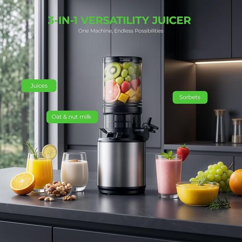 Juicer Machines, Cold Press Juicer with Wide Feed Chute, 3-in-1 Slow Masticating Juicer, Juice, Nut Milk & Sorbet Maker, BPA-Free, High Juice Yield for Whole Fruits & Vegetables Easy to Clean in Kuwait