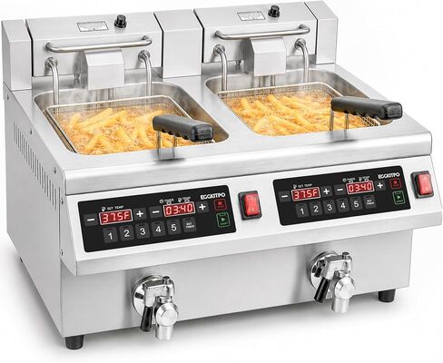 EGGKITPO 12.6QT Commercial Deep Fryer with Timer and Oil Drain 120V 1800W Electric Fryer with Solid Basket, Lid, 304 Stainless Steel Tank Digital Control Countertop Frying Machine for Home Restaurant in Kuwait