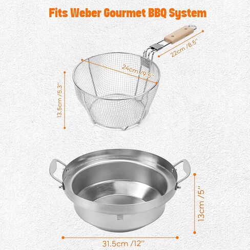 مقلاة عميقة من الفولاذ المقاوم للصدأ من Onlyfire مع سلة لنظام الشواء Weber Gourmet، وعاء قلي مقلاة زيت خارجية مع مقبض قابل للإزالة وسلة مصفاة مثقوبة للأطعمة البحرية والدجاج in Kuwait