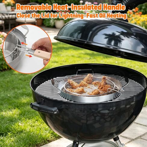 مقلاة عميقة من الفولاذ المقاوم للصدأ من Onlyfire مع سلة لنظام الشواء Weber Gourmet، وعاء قلي مقلاة زيت خارجية مع مقبض قابل للإزالة وسلة مصفاة مثقوبة للأطعمة البحرية والدجاج in Kuwait
