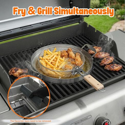 مقلاة عميقة من الفولاذ المقاوم للصدأ من Onlyfire مع سلة لنظام الشواء Weber Gourmet، وعاء قلي مقلاة زيت خارجية مع مقبض قابل للإزالة وسلة مصفاة مثقوبة للأطعمة البحرية والدجاج in Kuwait